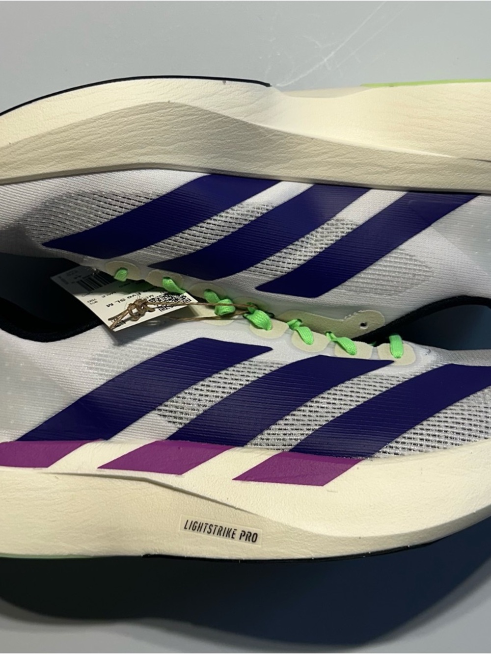 Adidas Adizero Evo SL 'White Collegiate Purple Lime Burst' JS4495 Men's Sz 10